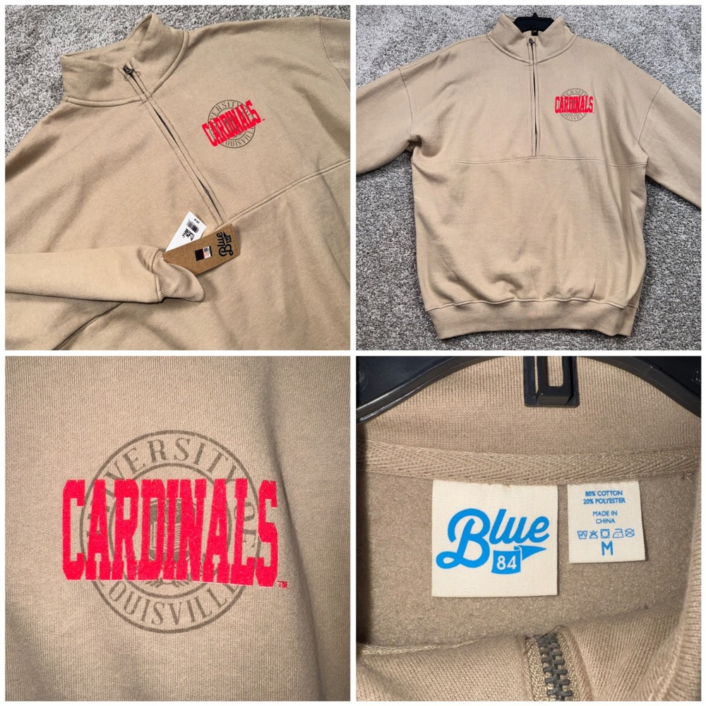 Louisville Cardinals Blue 84 Quarter Zip Sweatshirt Men Tan Medium NEW